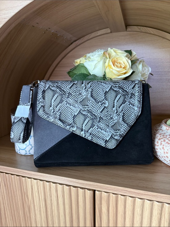White House Black Market Handbags - White House Black Market Suede Purse - Black Gray Snake-Print Envelope Bag NWT